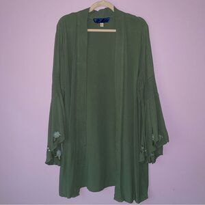 Blue Rain Cardigan L Gauzy Green Bell Sleeve Embroidered Open Front